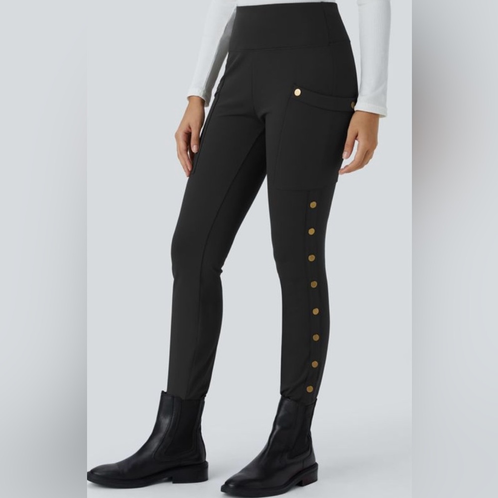 NWT Halara Black Leggings with Gold Button Accents